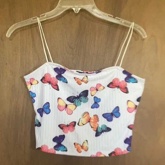 3/$12 Rue21 top ribbed butterfly print crop top cropped spaghetti straps L jrs - Picture 9 of 15